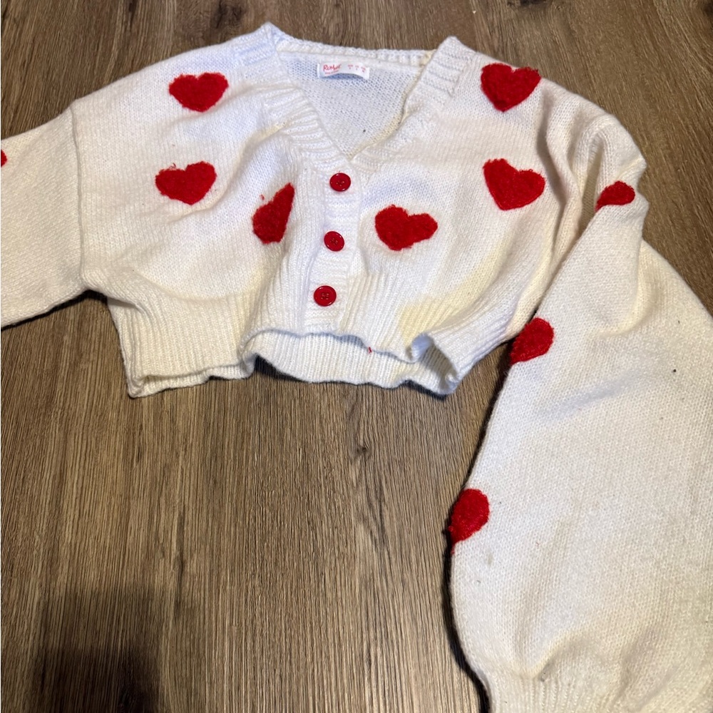 ROMWE Cream Cropped V-Neck Cardigan with Red Heart Details